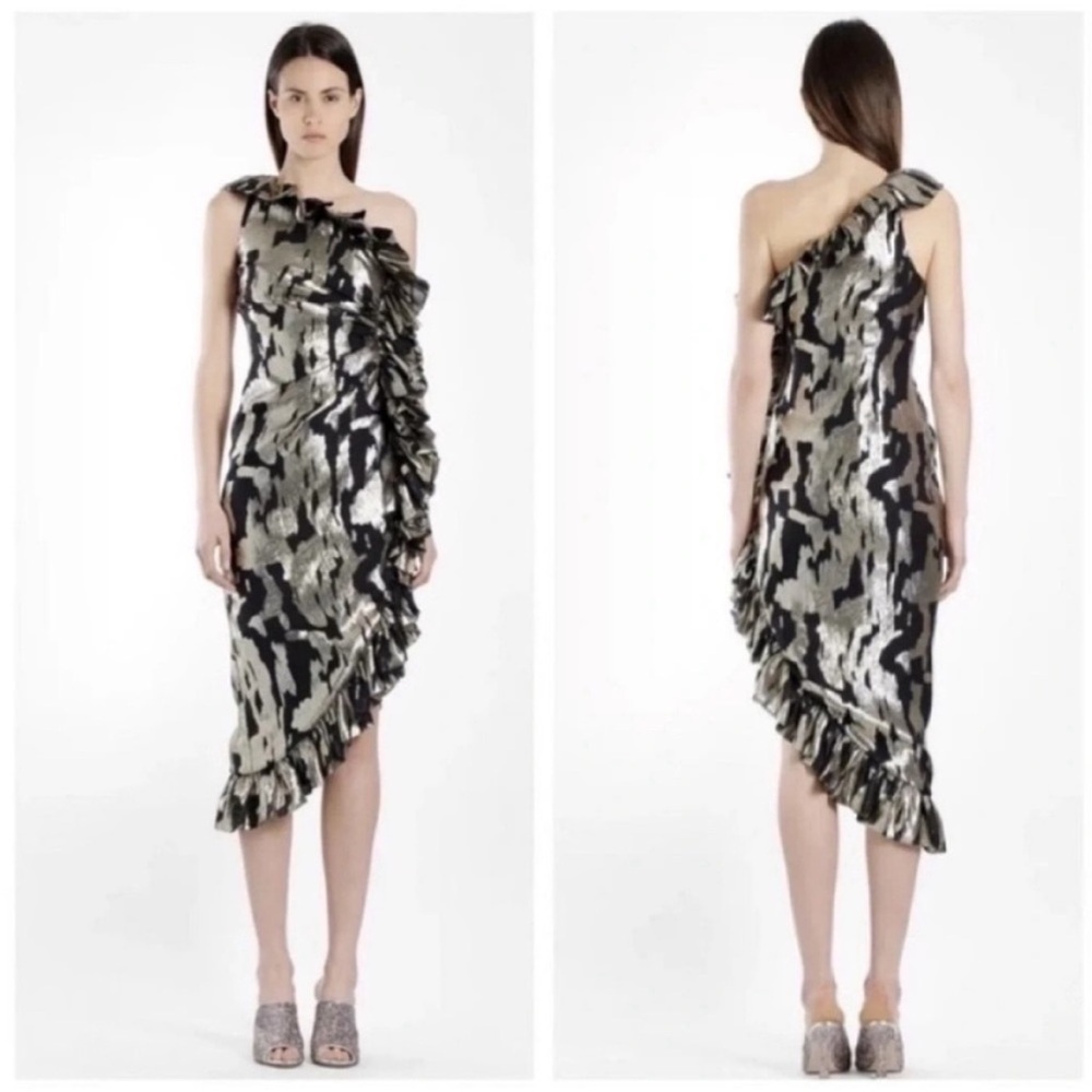 NWT The Attico Abito Asymmetric One Shoulder Metallic Midi Cocktail Dress Gold